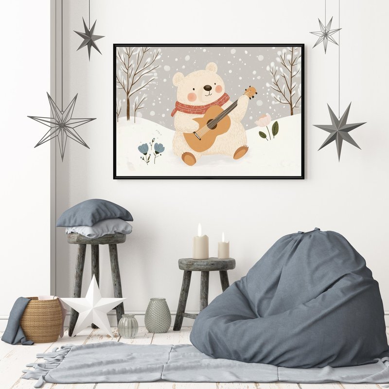 彈吉他的小熊 - 聖誕插畫/聖誕樹裝飾掛畫/聖誕小物/聖誕交換禮物 - 海報/掛畫/掛布 - 棉．麻 灰色