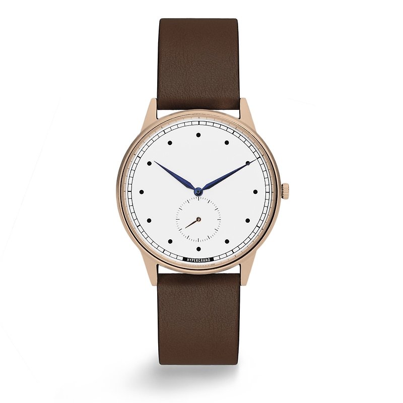 HYPERGRAND - 小秒針系列 - 玫瑰金白錶盤棕皮革 手錶 - 男錶/中性錶 - 真皮 咖啡色