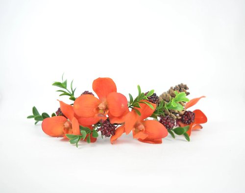 Elle Santos Floral Crown Headpiece in Bright Orange with Silk Flower Orchids and Berries