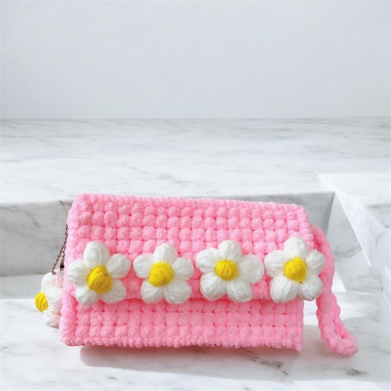 Handmade Crochet Daisy Bag | Cute Pastel Pink | Small Tote Bag - 手提包/手提袋 - 其他材質 