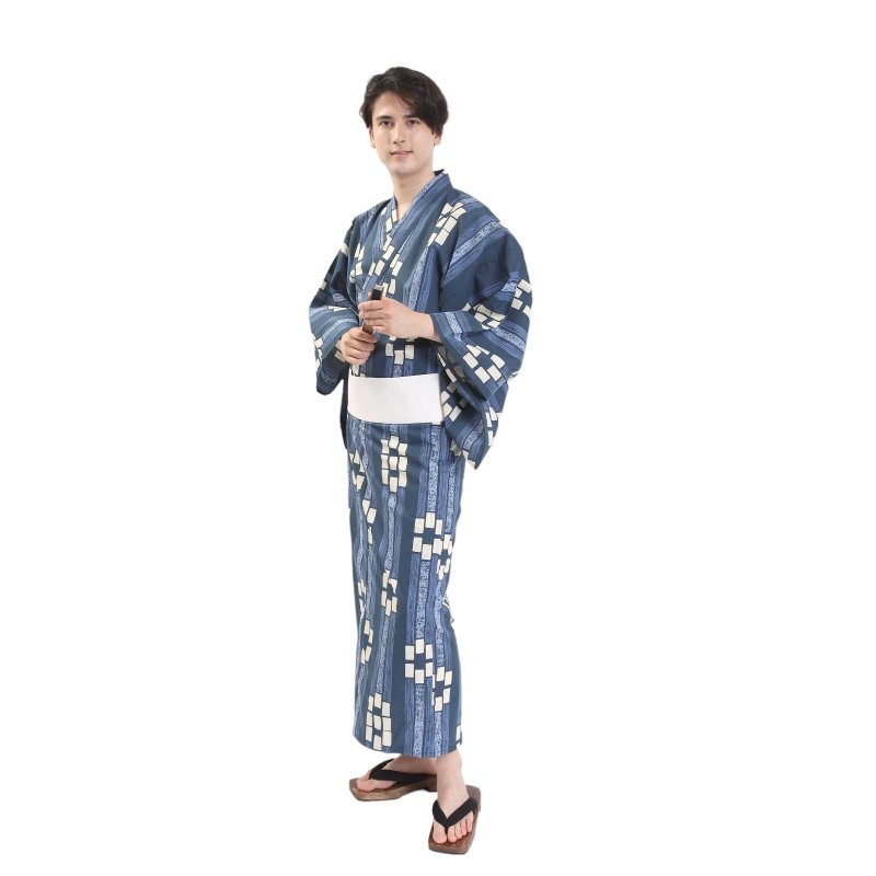 Men's Cotton Yukata and Obi Set, 2-Piece, Sizes S, M, L, Z32-02A yukata - อื่นๆ - ผ้าฝ้าย/ผ้าลินิน สีน้ำเงิน