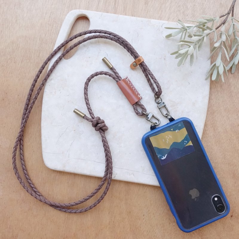 Casual braided style adjustable mobile phone strap (customized engraving) - Phone Accessories - Genuine Leather Brown