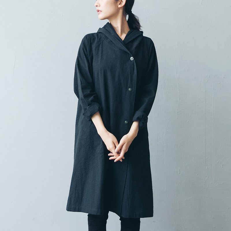 Hooded Raglan Coat - Black - เสื้อแจ็คเก็ต - ผ้าฝ้าย/ผ้าลินิน สีดำ