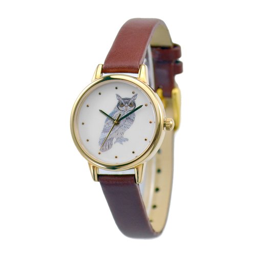 S and M watch 聖誕禮物彩色貓頭鷹手錶 金殼 啡色帶 女錶 全球免運