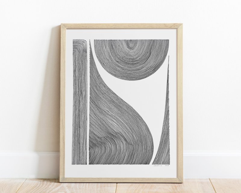 Modern line drawing White and black Abstract shapes wall art Simple artwork - 海報/掛畫/掛布 - 紙 黑色