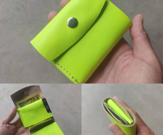 本革蛍光 ネオンイエローレザーのコンパクトなミニ財布 お札を折らずに
