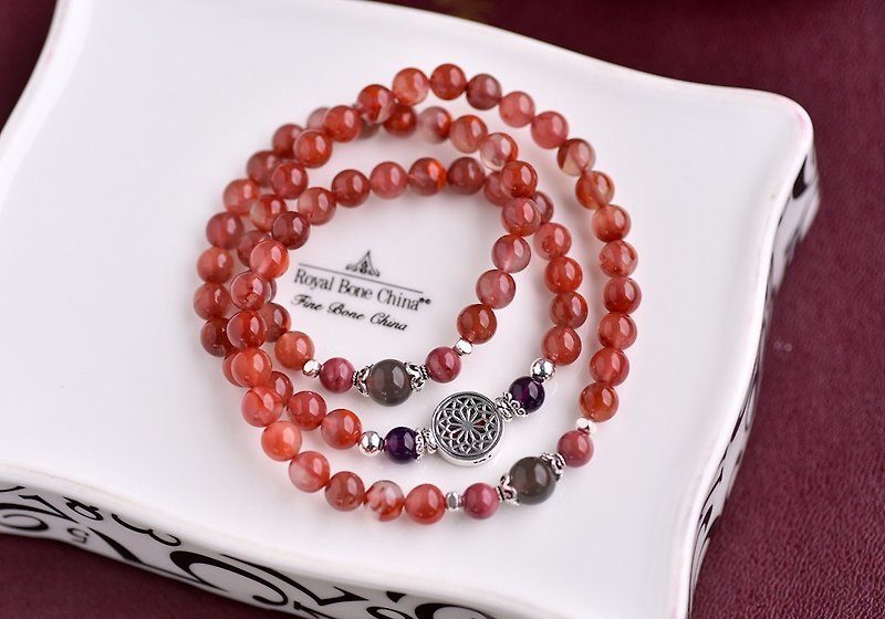 Southern Red Agate + Black Moonstone + Amethyst + Rose Stone Three Rings Sterling Silver Bracelet - Bracelets - Gemstone Red