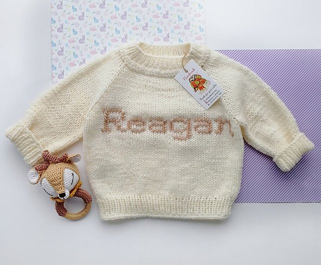 6-12 months approx hand knitted and hand embroidered personalised name baby jumper