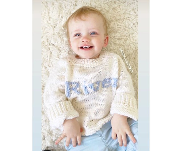 6-12 months approx hand knitted and hand embroidered personalised name baby jumper