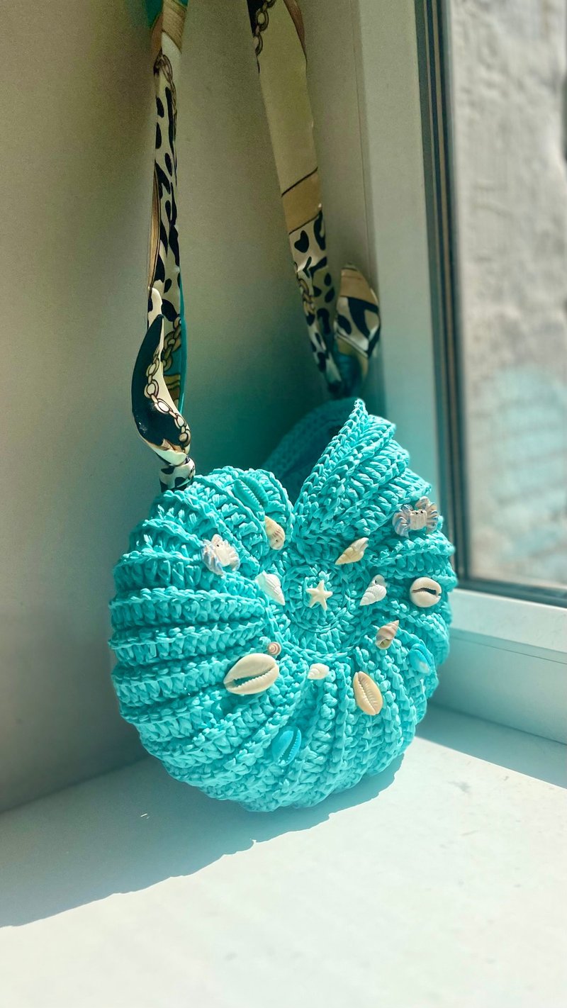 Crochet seashells bag, bag ocean, shell bag, bag handmade - 手提包/手提袋 - 聚酯纖維 藍色