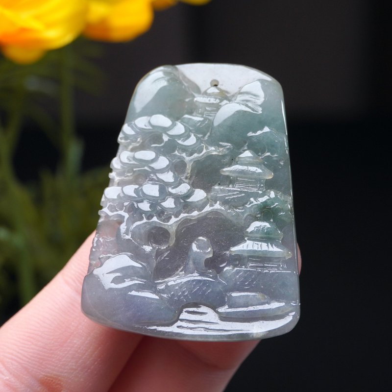 冰種紫羅蘭飄花翡翠山水牌項鍊 | 天然緬甸玉翡翠A貨 | 送禮 - 項鍊 - 玉石 多色