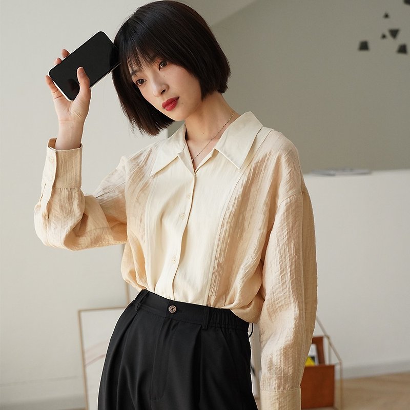 Apricot stitching long-sleeved shirt|Shirt|Summer|Polyester+Cotton|Sora-474 - เสื้อเชิ้ตผู้หญิง - ผ้าฝ้าย/ผ้าลินิน 