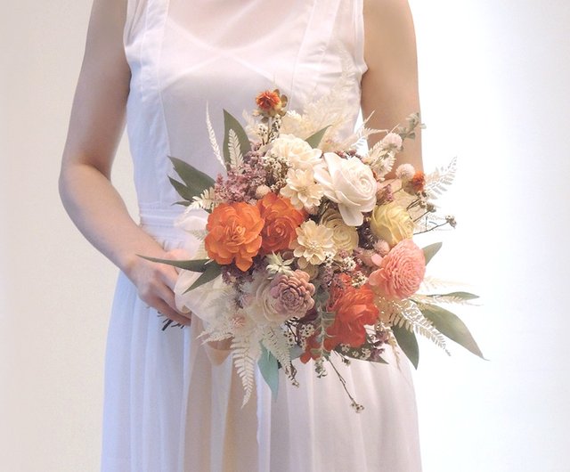 オレンジピンクホワイトソラローズドライフラワーブーケ─結婚式 オレンジピンクホワイトソラローズドライフラワーブーケ─結婚式