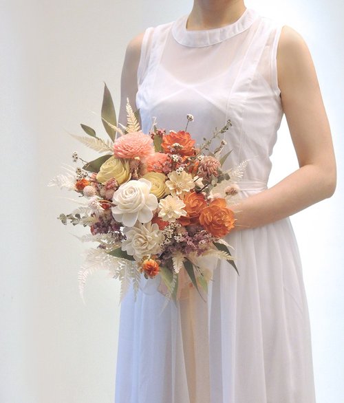 オレンジピンクホワイトソラローズドライフラワーブーケ─結婚式の結婚