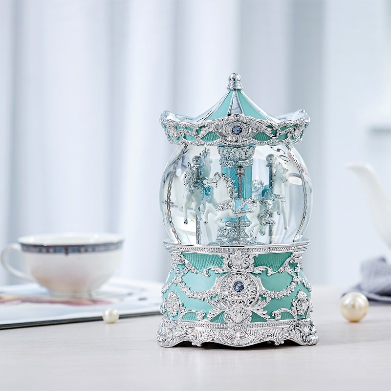 Tiffany Blue Carousel (Lighting) Crystal Ball Music Box Birthday Lover's Confession Wedding Christmas Gift - Items for Display - Glass 