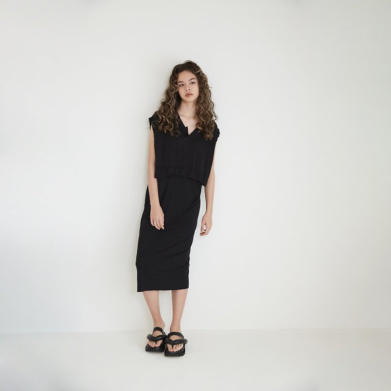 10 MOOn LiLy dress 異素材黑色洋裝 - 連身裙 - 其他材質 黑色