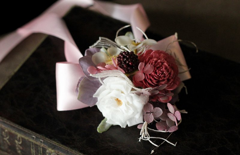 アマランサスの花の手首[シリーズ]ピンクの弓とホワイトバラ - ブレスレット - 寄せ植え・花 ピンク