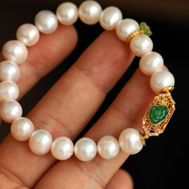 9mm natural primary color freshwater pearl sterling silver inlaid jade lotus design single circle bracelet s - สร้อยข้อมือ - ไม้ ขาว