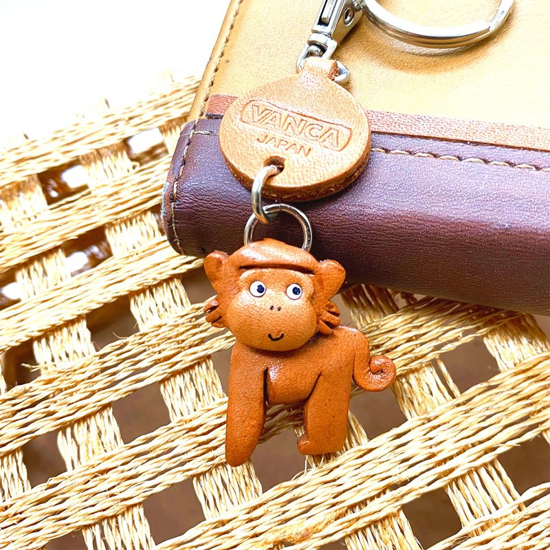 Monkey mini leather keychain handmade in Japan　VANCA CRAFT JAPAN - ที่ห้อยกุญแจ - หนังแท้ สีนำ้ตาล