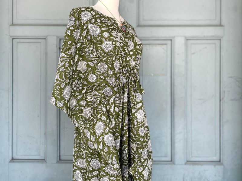 印度/齋浦爾/波希米亞/手工蓋印/蝴蝶衣長洋裝Kaftan - 洋裝/連身裙 - 棉．麻 綠色