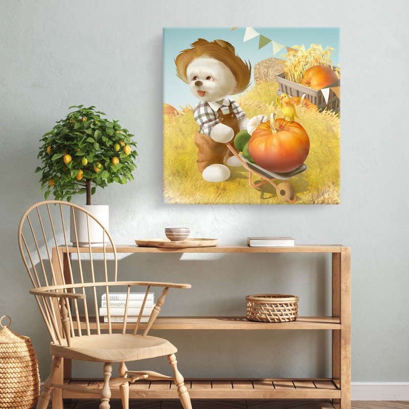 豐收小狗 - 比熊犬與南瓜推車藝術複製畫 (秋日居家佈置) - 海報/掛畫/掛布 - 其他材質 橘色