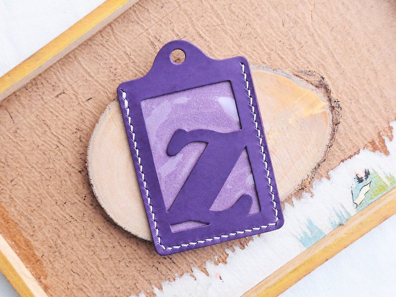 Initial Z letter ID cover well stitched leather material bag card holder business card holder free engraving - ที่ใส่บัตรคล้องคอ - หนังแท้ สีม่วง