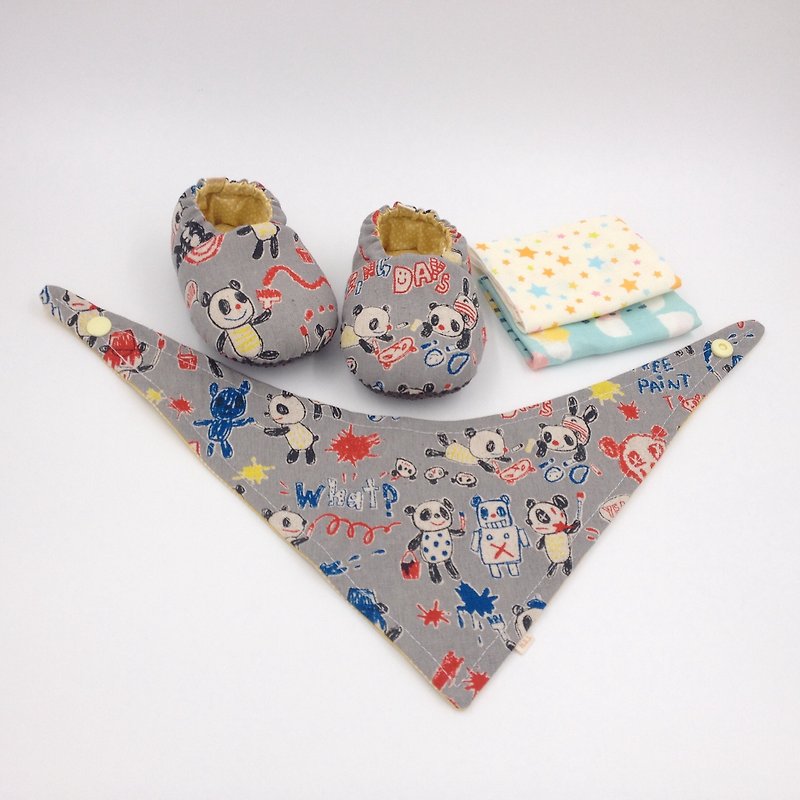 手描きパンダ -  Miyue赤ちゃんのギフトボックス（幼児靴/ベビーシューズ/ベビーシューズ+ 2ハンカチ+スカーフ） - 出産祝い用贈物 - コットン・麻 グレー