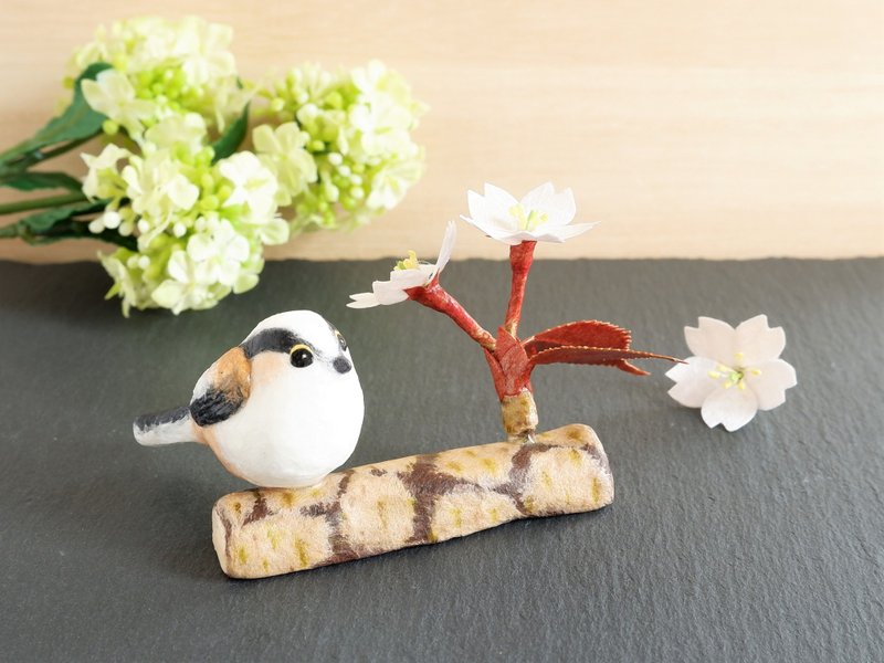 春の置物　桜と鳥　山桜とエナガ　和紙のインテリア - 擺飾/家飾品 - 黏土 粉紅色