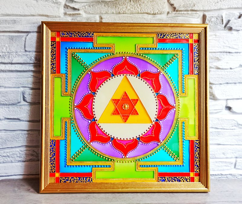 手绘Shri Ganesha yantra神圣几何墙艺术精神禅宗吠陀 - 壁貼/牆壁裝飾 - 玻璃 橘色