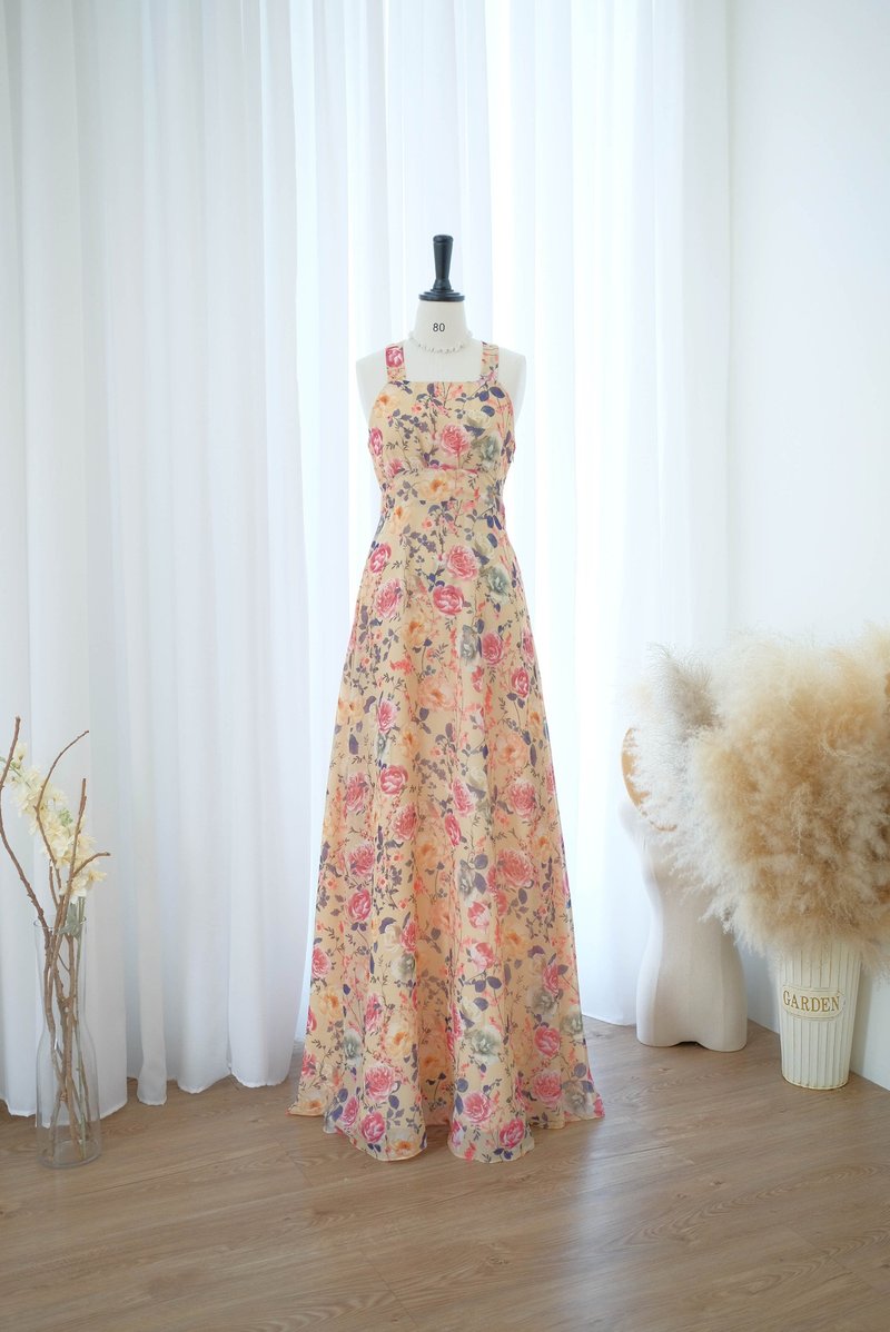 Yellow floral bridesmaid dress Summer wedding party cocktail dress - 洋裝/連身裙 - 聚酯纖維 黃色