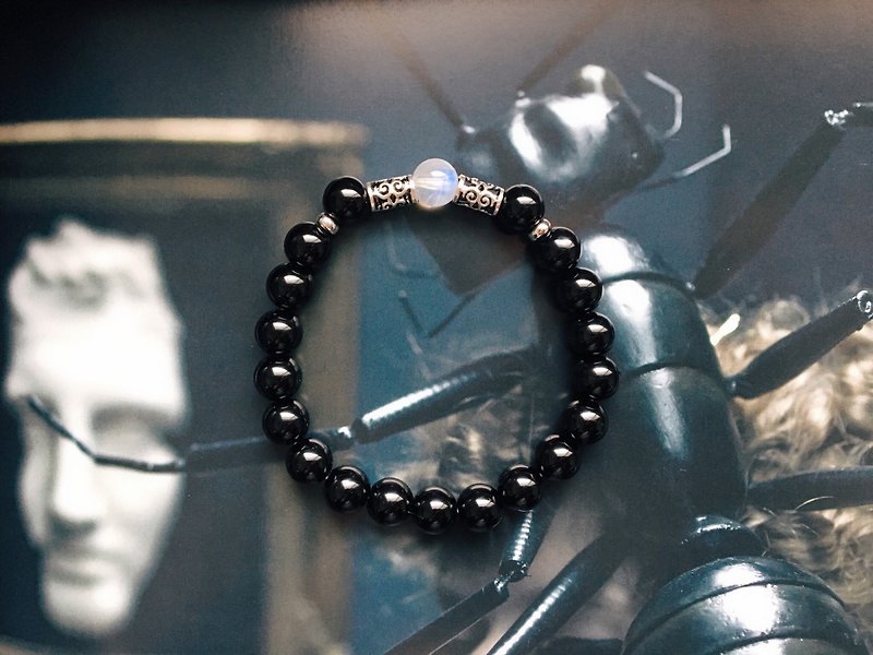 [Night] Moonstone Black Tourmaline Sterling Silver Bracelet - สร้อยข้อมือ - คริสตัล 