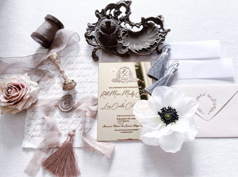 金色鏡面    復古設計 ACRYLIC 結婚 喜帖 20 張起 - 喜帖 - 壓克力 金色