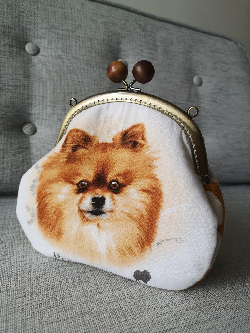 只此一個【萌寵出街】Pomeranian博美犬布藝口金化粧包/斜揹袋 - 化妝包/收納袋 - 棉．麻 橘色