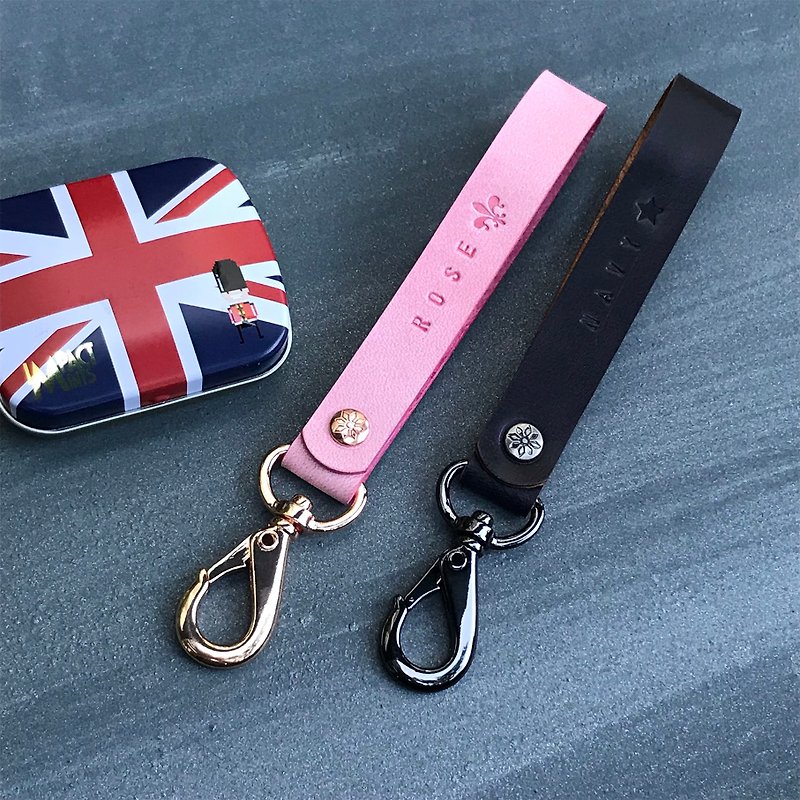 England Rose leather key ring charm pink rose midnight blue custom lettering - Keychains - Genuine Leather Pink