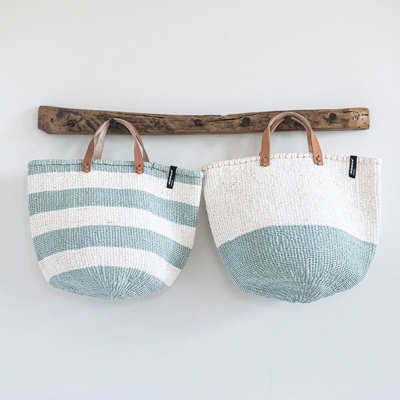 Short handle medium woven bag (light blue and white thick stripes) - Handbags & Totes - Other Materials Blue