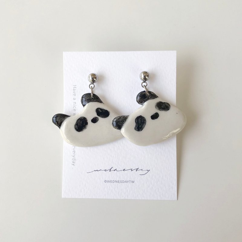 Lai Bed Panda White Porcelain Earrings - ต่างหู - เครื่องลายคราม สีดำ