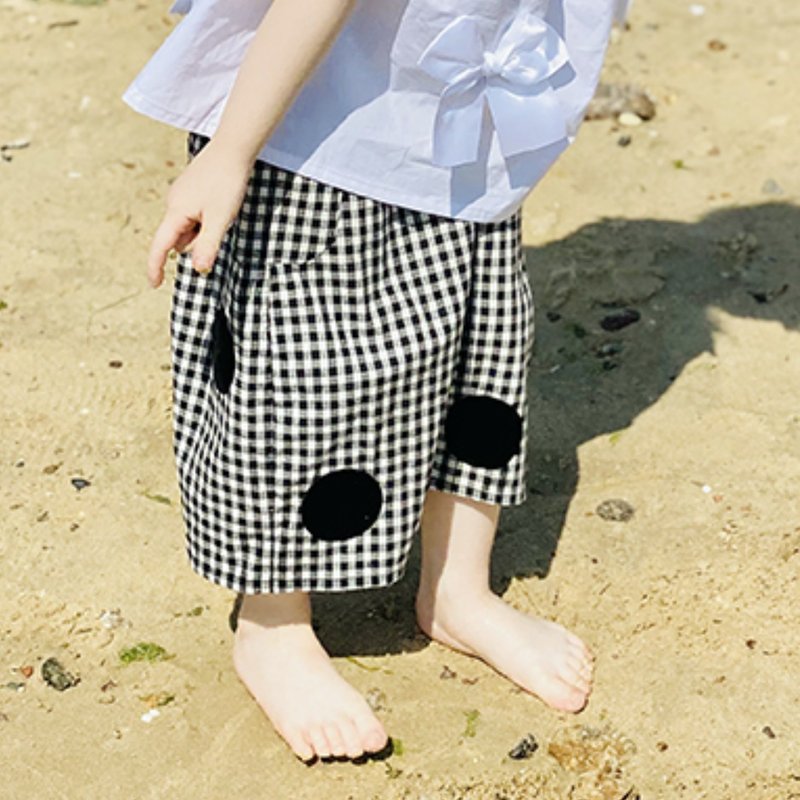 黑白格紋點點休閒褲 / 口袋 直筒褲 童裝 - 男/女童長褲/短褲 - 棉．麻 黑色