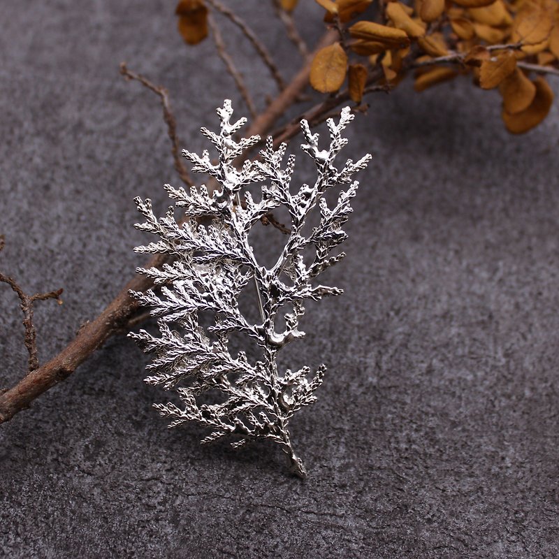 扁柏 葉子 胸針 純銀 自然植物 - 胸針/心口針 - 其他金屬 銀色