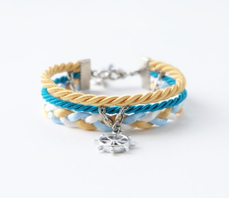 Ship wheel layered rope bracelet in gold / peacock blue / sky blue / white - 手鍊/手環 - 其他材質 金色