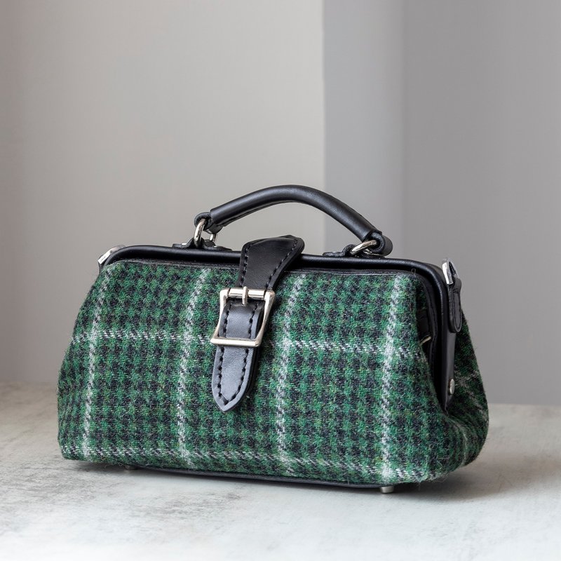 【羊毛拼皮醫生包】Harris Tweed 暖到心坎秋冬女士包包千鳥格 - 側背包/斜背包 - 真皮 綠色