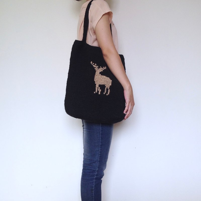 Lin Lin Chen exclusive order - (scheduled) Xiaofu fabric - free walking / twine weaving elk embroidery shoulder bag - Messenger Bags & Sling Bags - Cotton & Hemp Black