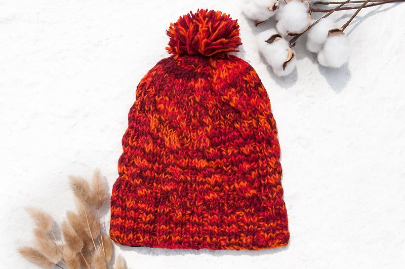 手工編織純羊毛帽/編織帽/針織毛帽/內刷毛手織毛帽-北歐橘子草莓 - 帽子 - 羊毛 多色