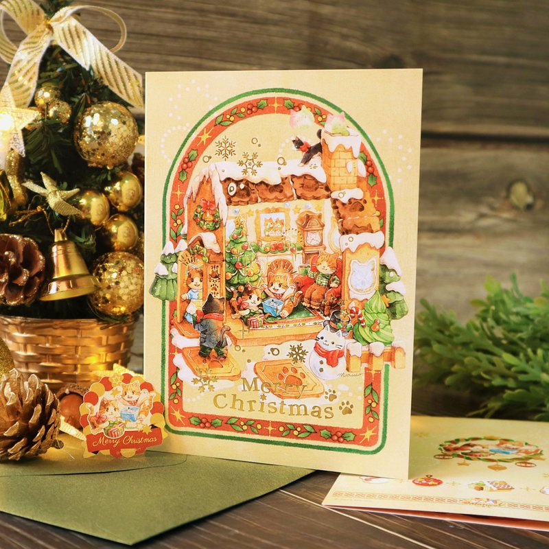 Stamped Christmas Card-Cat Gingerbread House - การ์ด/โปสการ์ด - กระดาษ หลากหลายสี