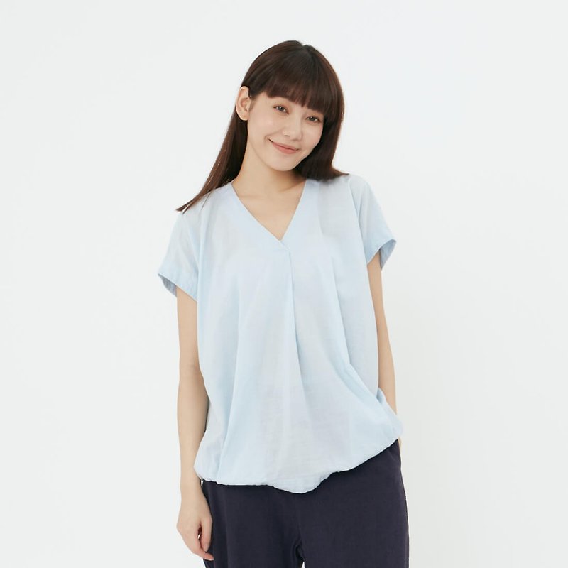 Vera V-neck drop sleeve Cotton Top / Light blue - เสื้อผู้หญิง - ผ้าฝ้าย/ผ้าลินิน สีน้ำเงิน