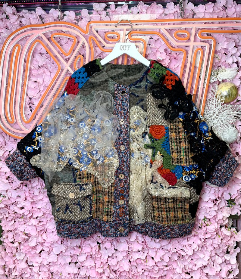 OTT One-of-a-Kind • Unique Japanese-Inspired Mélange Hand-Embroidered Lace Tweed Cropped Jacket - เสื้อแจ็คเก็ต - ขนแกะ หลากหลายสี