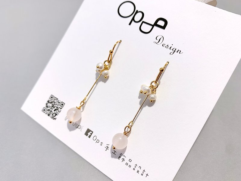 Ops Rose Quartz Pearl Gold Filled Handmade Hook unique Earings - ต่างหู - ทองแดงทองเหลือง สึชมพู