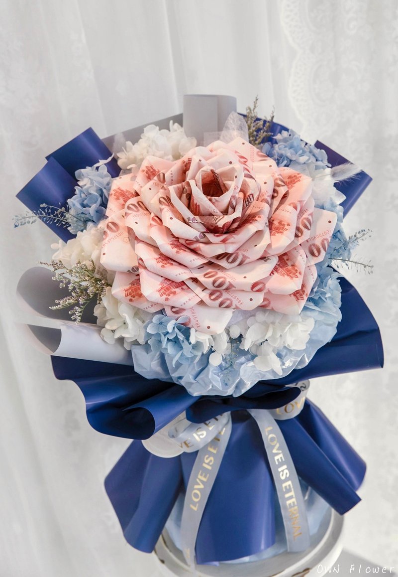 藍色花束/鈔票花束/有錢花/紙鈔花束/錢花花束/生日花束/男友花束 - 乾燥花/永生花 - 植物．花 藍色