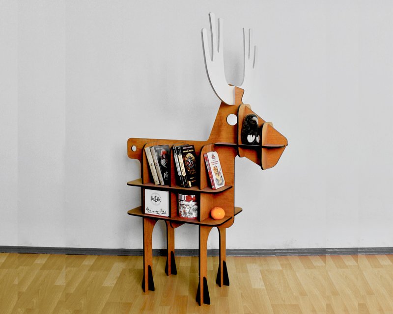 Moose - children's wooden floor shelf for books and toys. Animal kids furniture. - เฟอร์นิเจอร์เด็ก - ไม้ สีนำ้ตาล