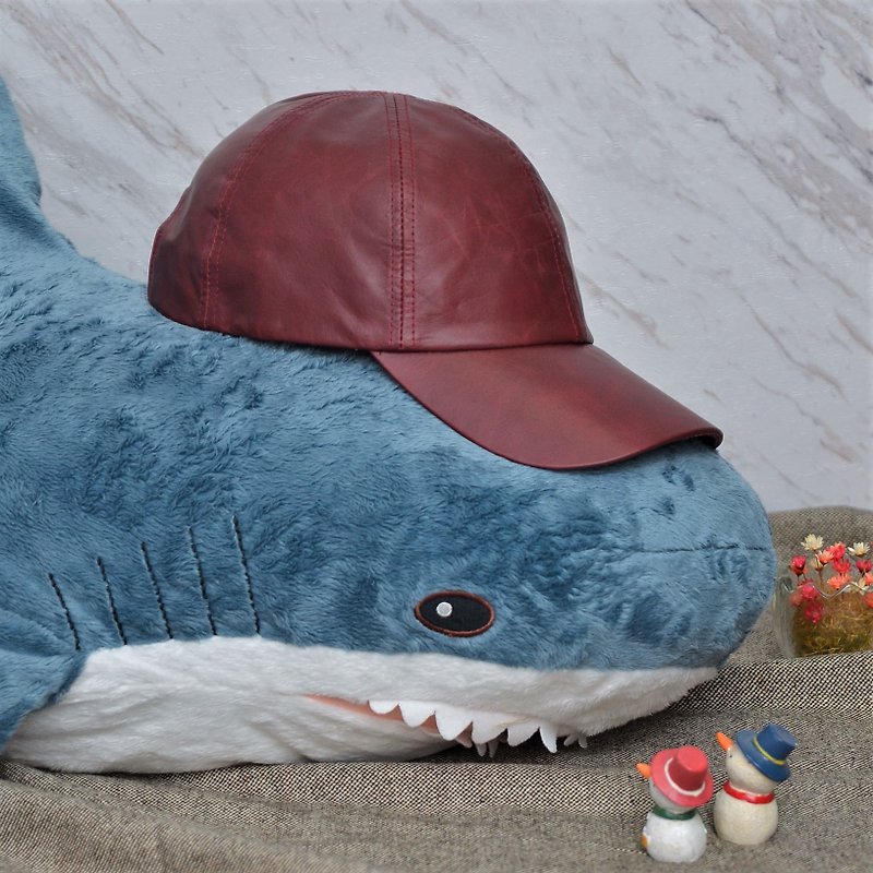 Leather baseball cap oil Wax cow leather top layer leather leather hat red/brown old hat - หมวก - หนังแท้ สีแดง