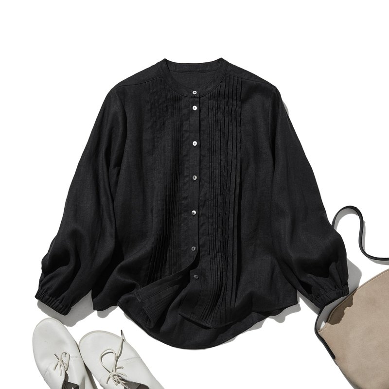 上品な佇まいと、心地よい着心地を兼ね備えた一枚　ピンタックシャツ　リネンシャツブラウス　ブラック　251007-5 - 女襯衫 - 棉．麻 黑色